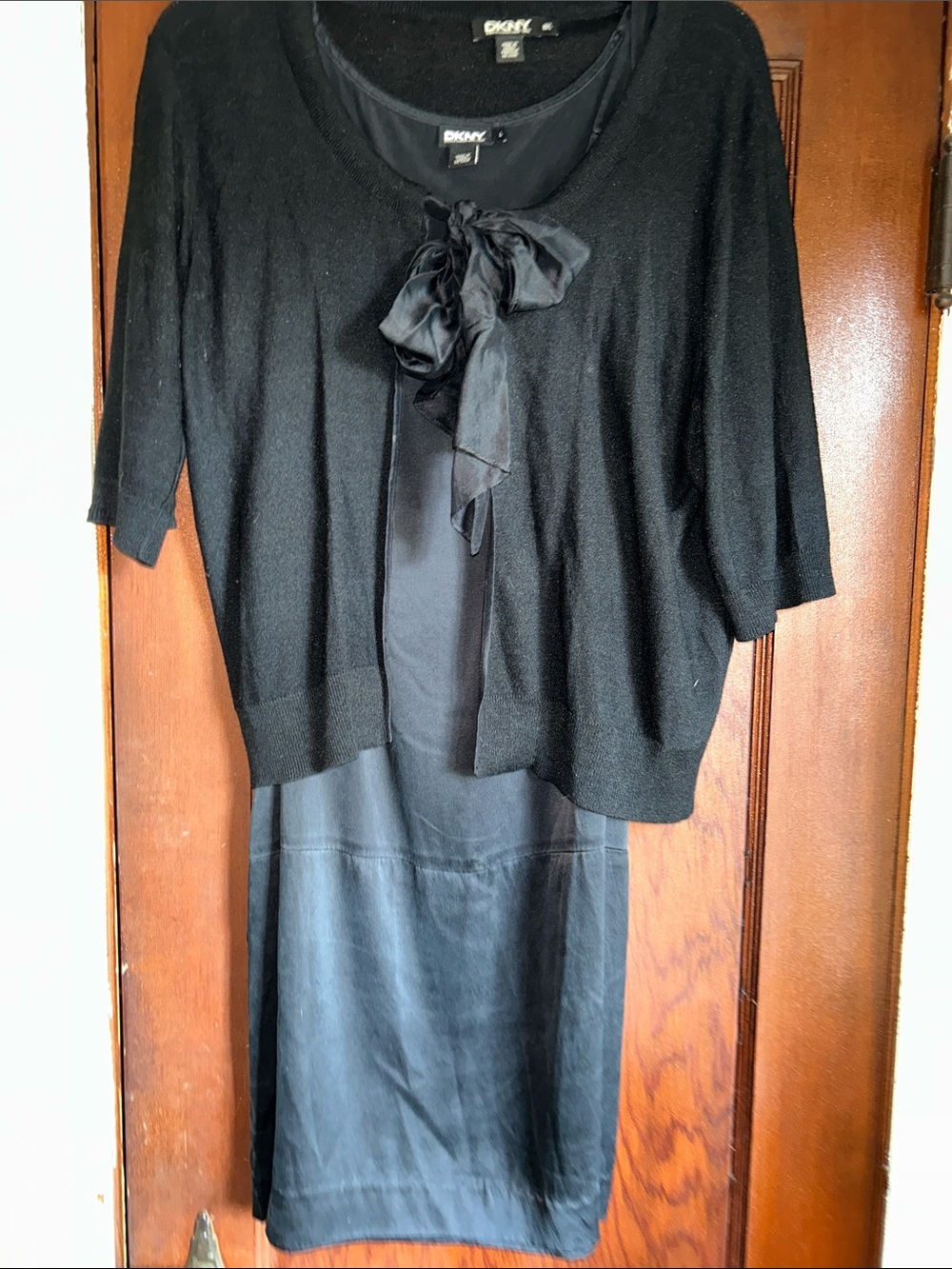 DKNY Black 💯% Silk Sheath sleeveless Dress SZ L w/Short Cardigan(M/L)silk tie